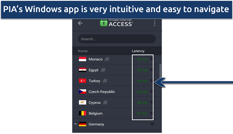Screenshot showing PIA Windows app server list