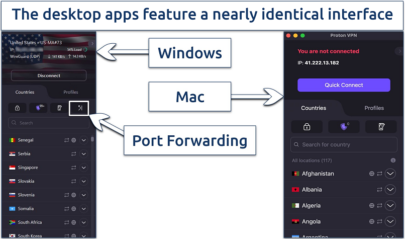 A screenshot showing Proton VPN's interface is almost the same across Mac and Windows apps